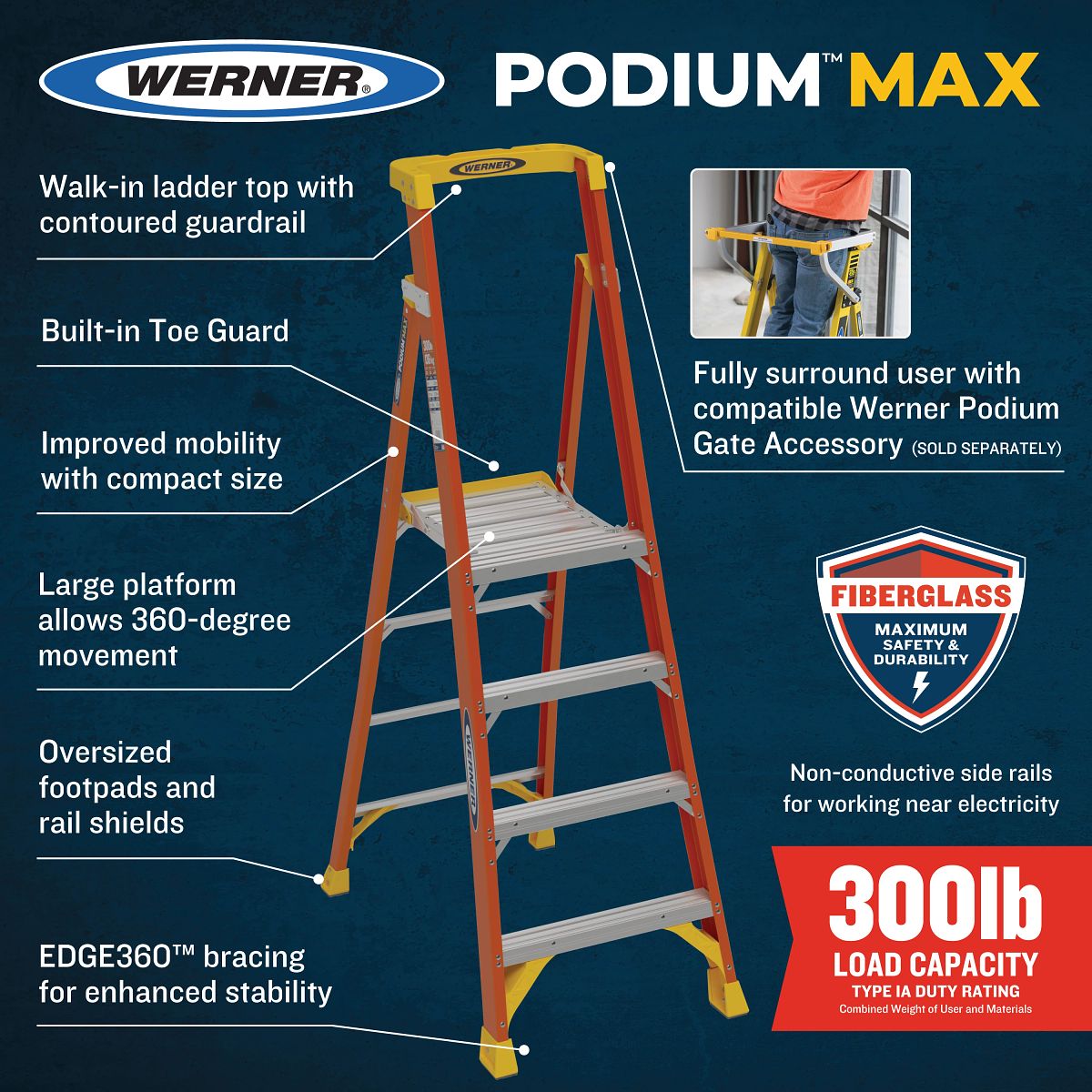 Werner 6 ft. H Fiberglass Podium Platform Ladder Type IA 300 lb. capacity Werner 6 ft. H Fiberglass Podium Platform Ladder Type IA 300 lb. capacity