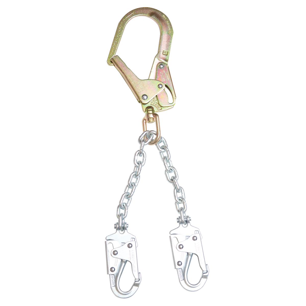 Guardian 01616 24 inch swivel rebar chain assembly with rebar hook on one  end and self-locking snaphooks on the other end.